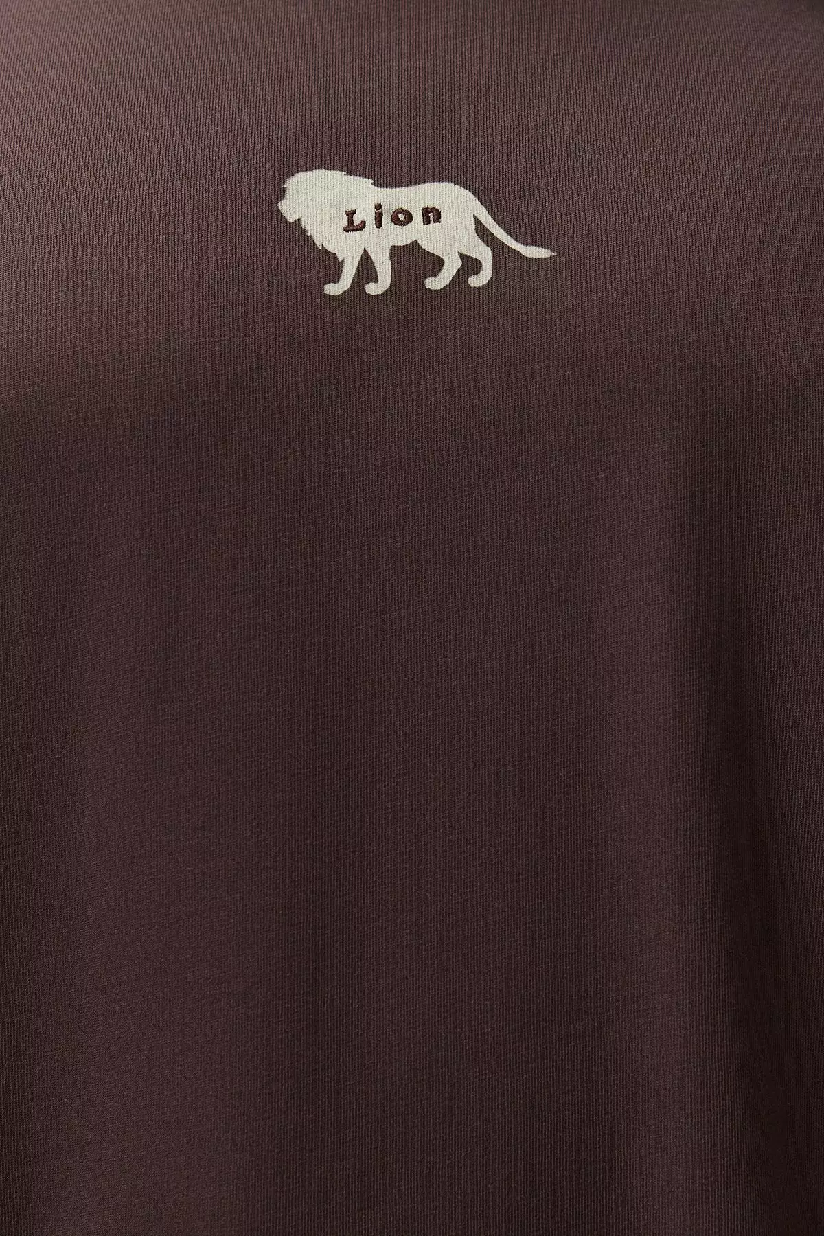 Plus Size Dark Brown Oversize Animal Print and Embroidered 100% Cotton T-Shirt TMNSS24BF00018