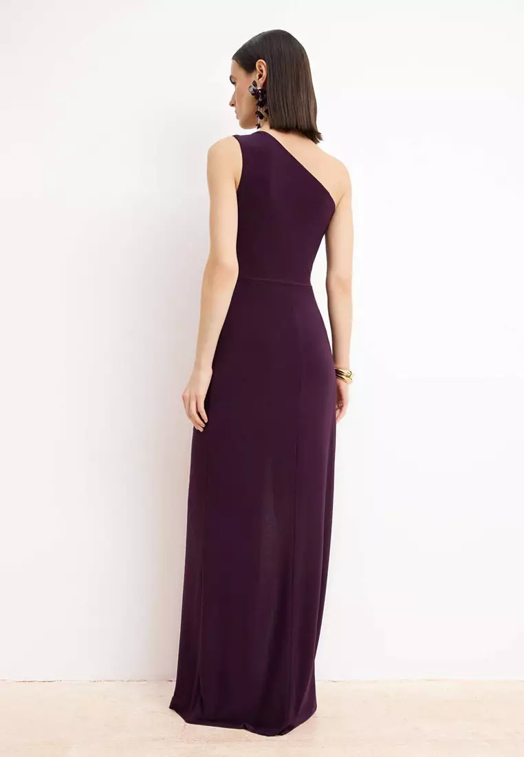 Plum Plain Straight Cut Accessory Detailed Knitted Sandy Maxi Evening Dress & Graduation Dress