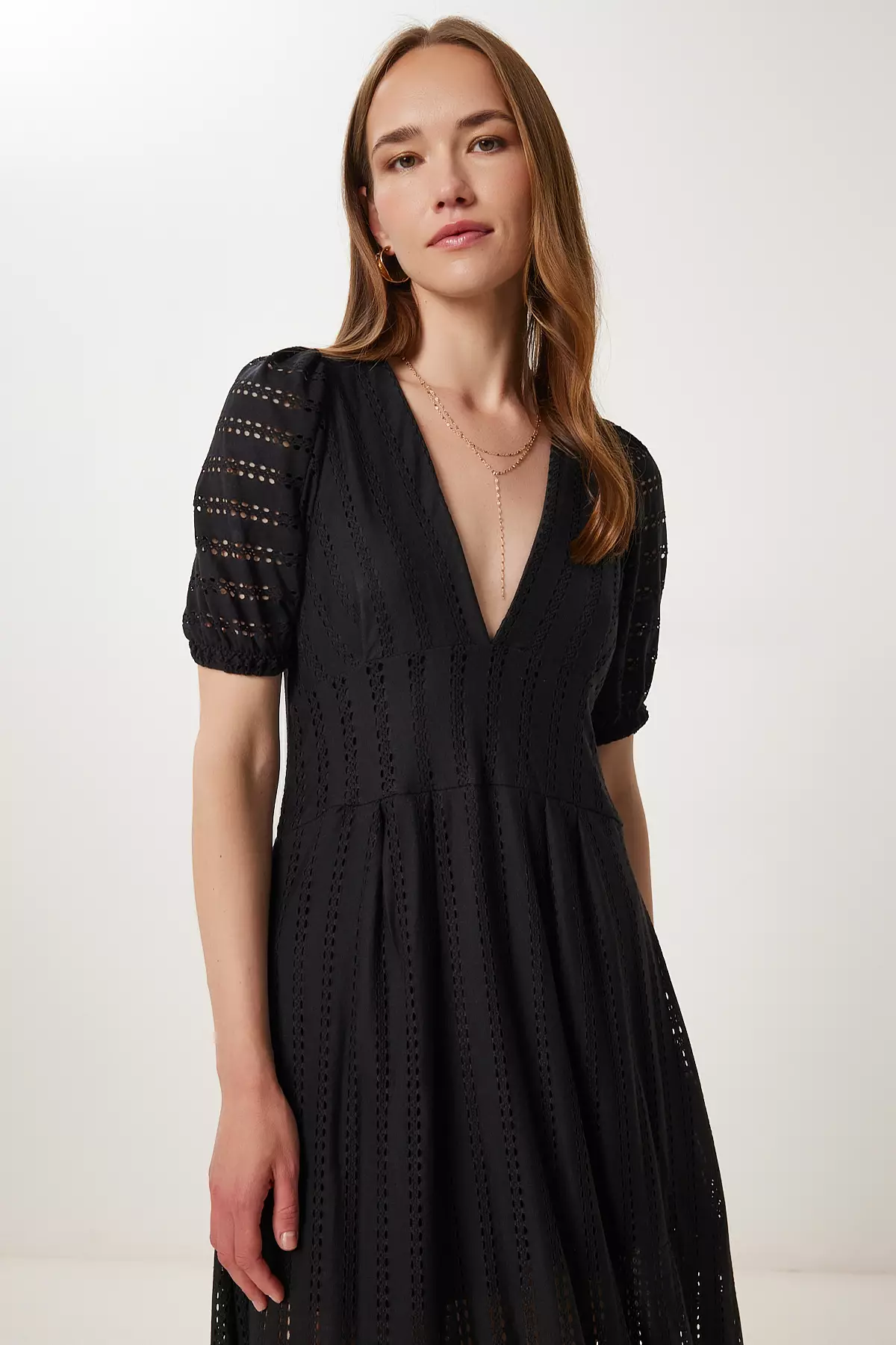 Women's Black Openwork Summer Midi Knitted Dress Tp00050