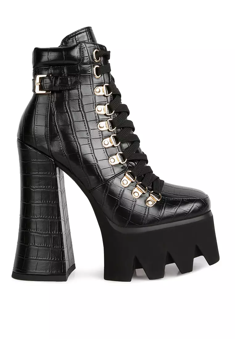 Black High Platform Block Heel Lace Up Biker Boots