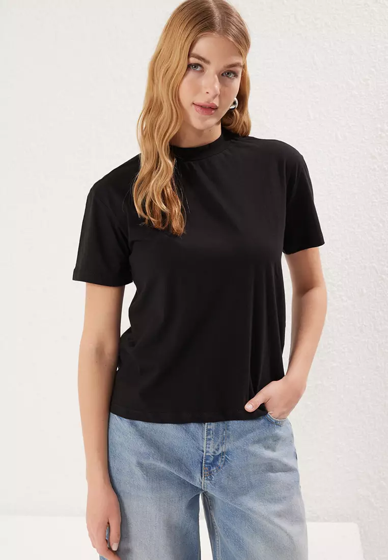 Black-Black 2-Pack Basic Stand Collar Knitted T-Shirt