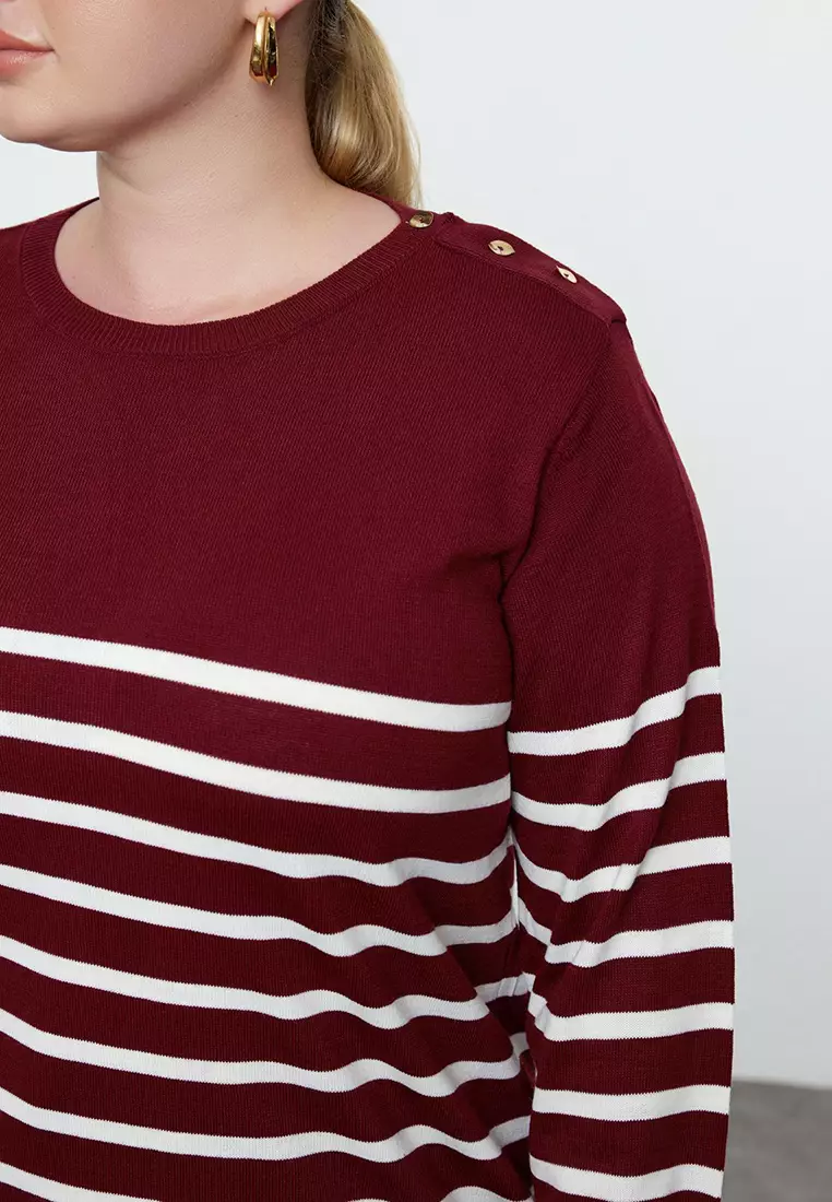 Burgundy Striped Crew Neck Knitwear Sweater Tbbaw23An00119