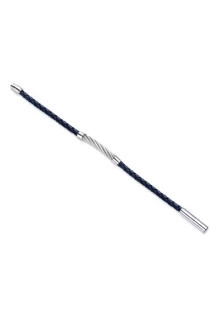 Police Kingpins Stainless Steel Cable Navy Blue Leather Bracelet For Men PPEAGB0005411