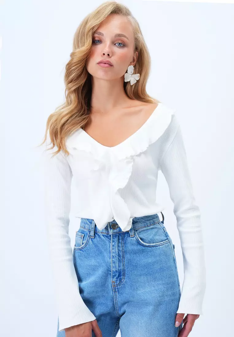 V-Neck Ruffle Front Blouse