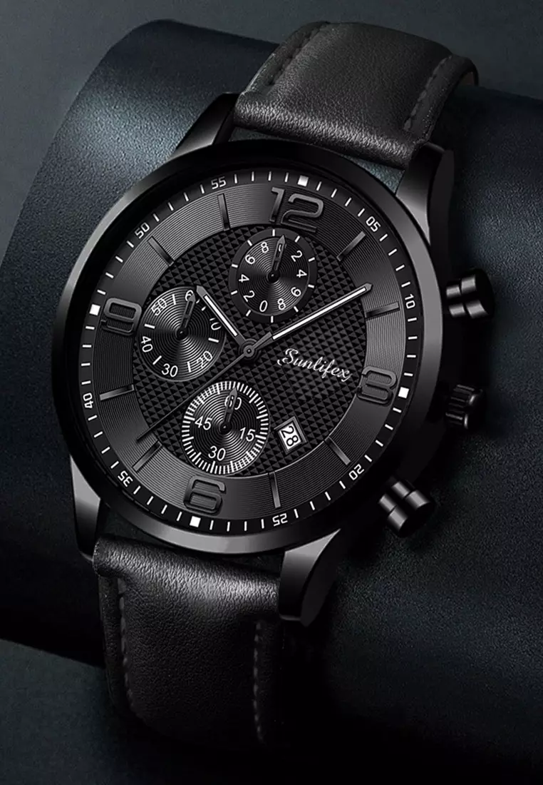 Jam Tangan Pria Kalender Kuarsa Bisnis Klasik Anti Air Tali Kulit Jam Tangan Cowok black