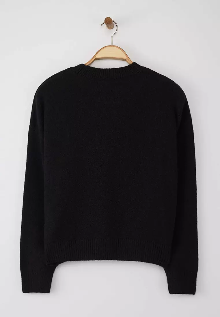 Black Alpaca Wool Blended Premium/Special Yarn Wide Fit Basic Knitwear Sweater