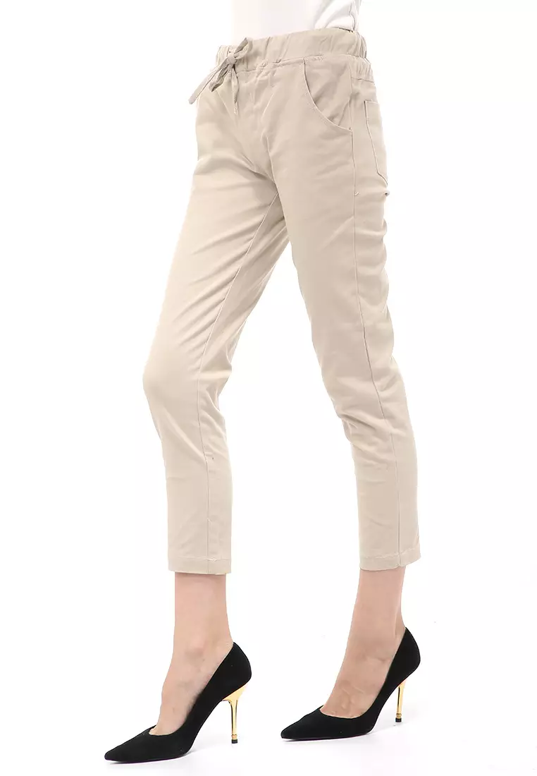 Long Pants Wanita Motif Solid Rubbery Waist Design Casual Regular Fit - Cream