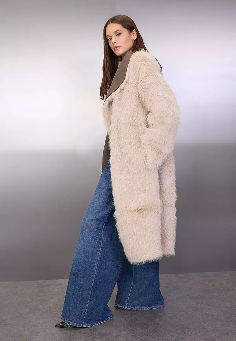 Mink-Ecru Double-Sided Fur Mono Closure Oversize Long Suede Coat