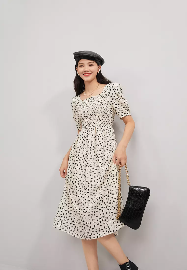 Square Neck Textured Floral Long Dress