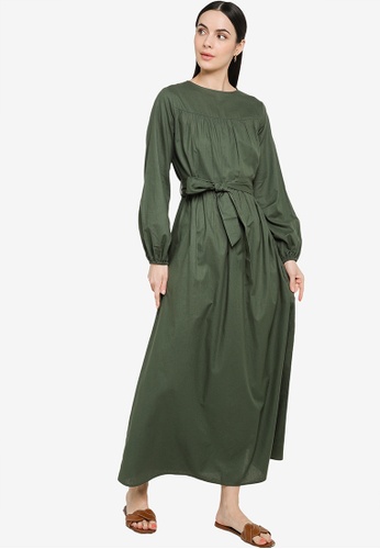 ZALIA BASICS green Cotton Belted Dress 6DDB3AA04B9A3FGS_1