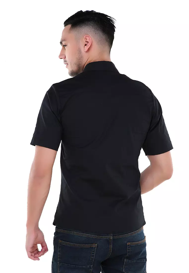 Dwan Atasan Kemeja Pria Three Lines Slim Fit Casual Shortsleeve Shirt Material Cotton ORIGINAL - Black