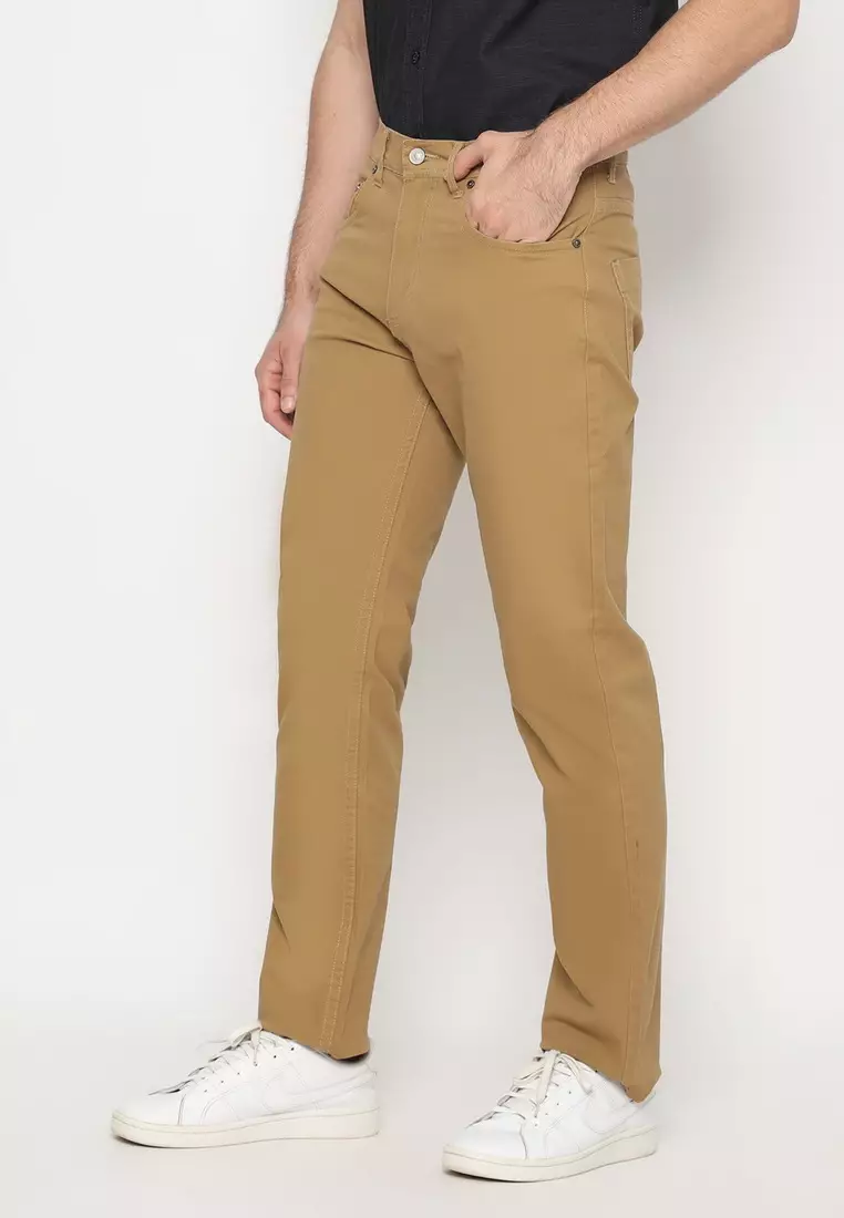 POLICE Celana Chino Panjang V Pocket Brown Regular Fit Cotton Premium Pria