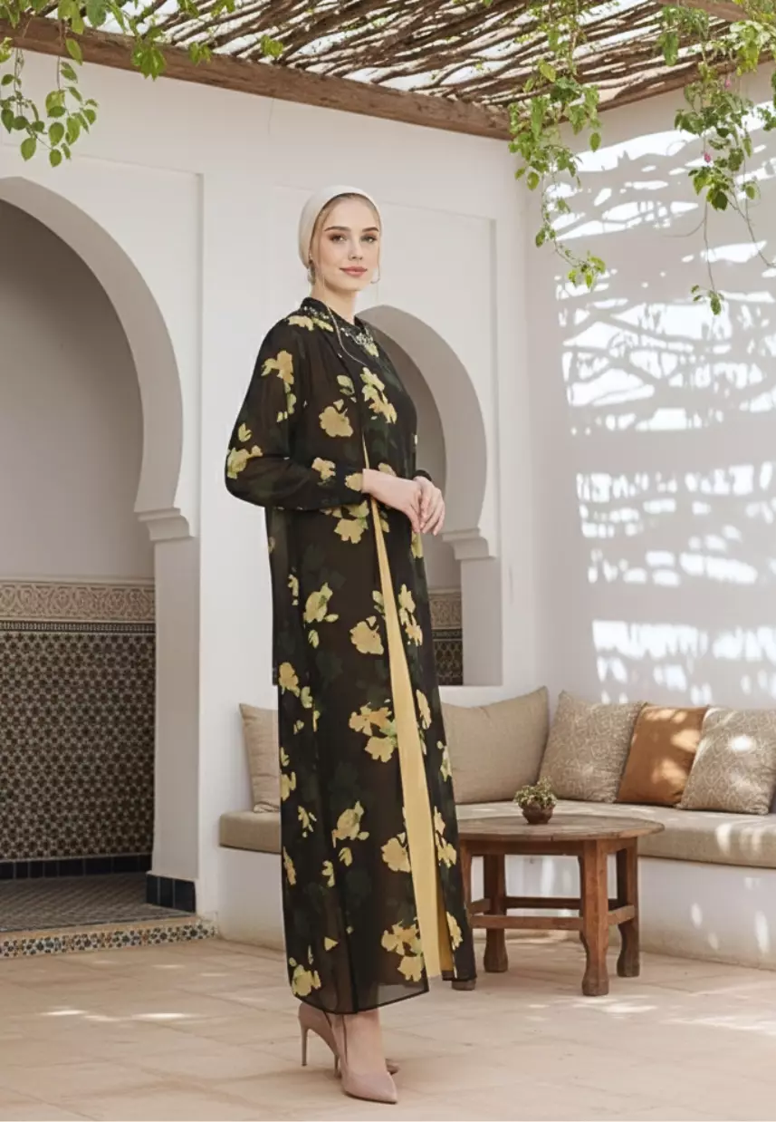 Gamis Mosleem Chiffon With Pearl And Floral Minimalis In Emerald Green By Brilliant Girl Warna HIJAU