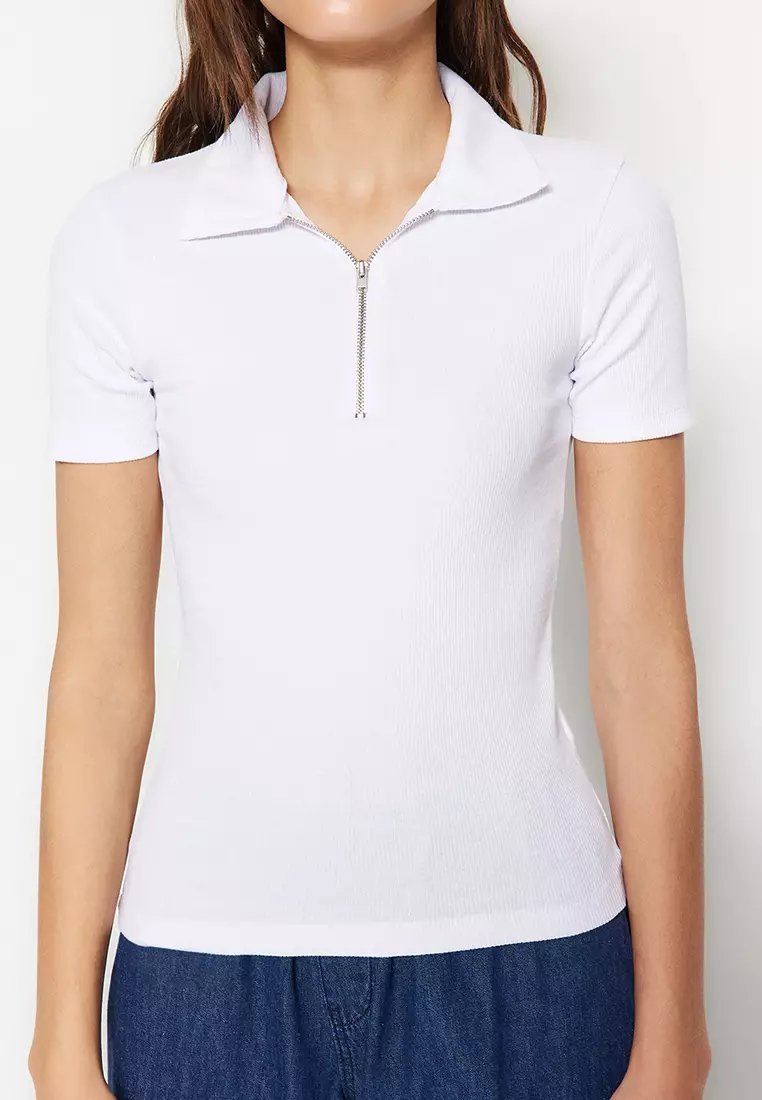 Zipper Detail Polo Collar Blouse