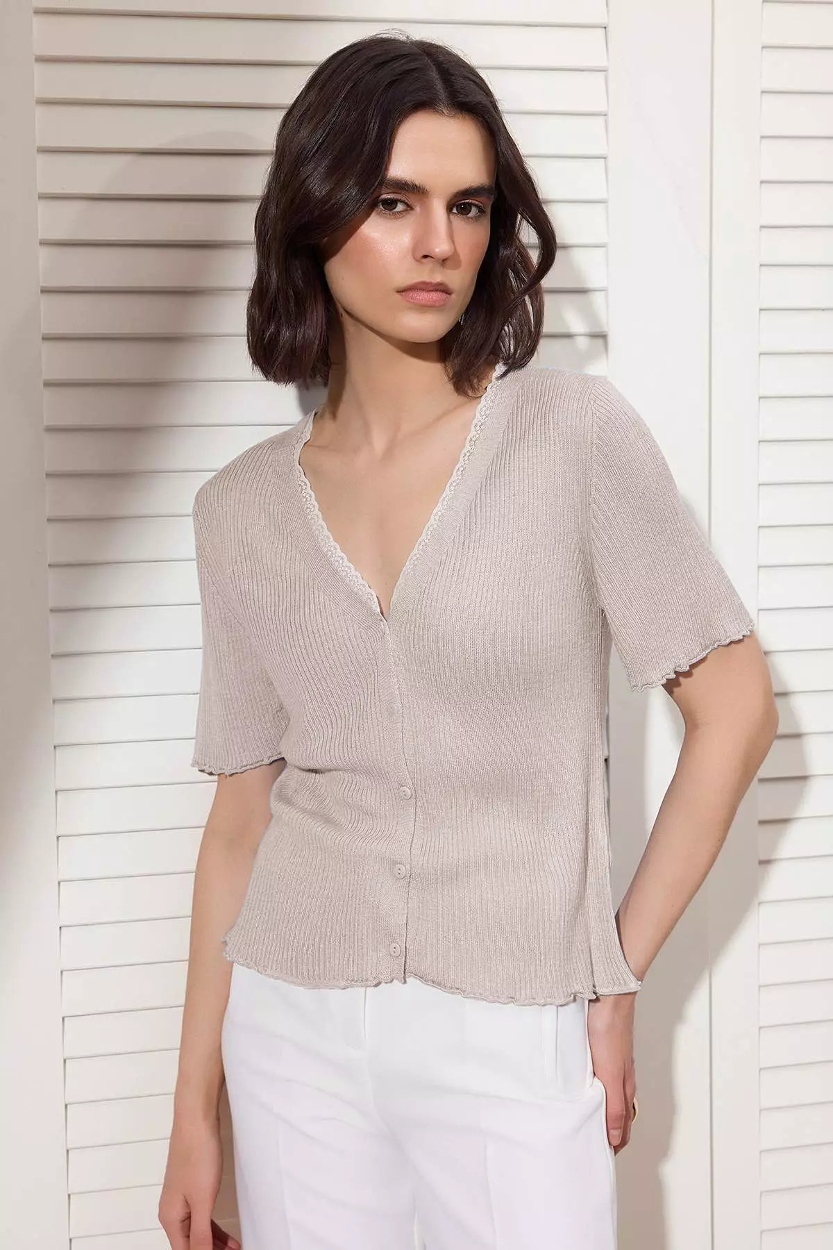 Stone V-Neck Lace Detailed Color Block Fitted Slim Knitwear Blouse Twoss26Bz00292