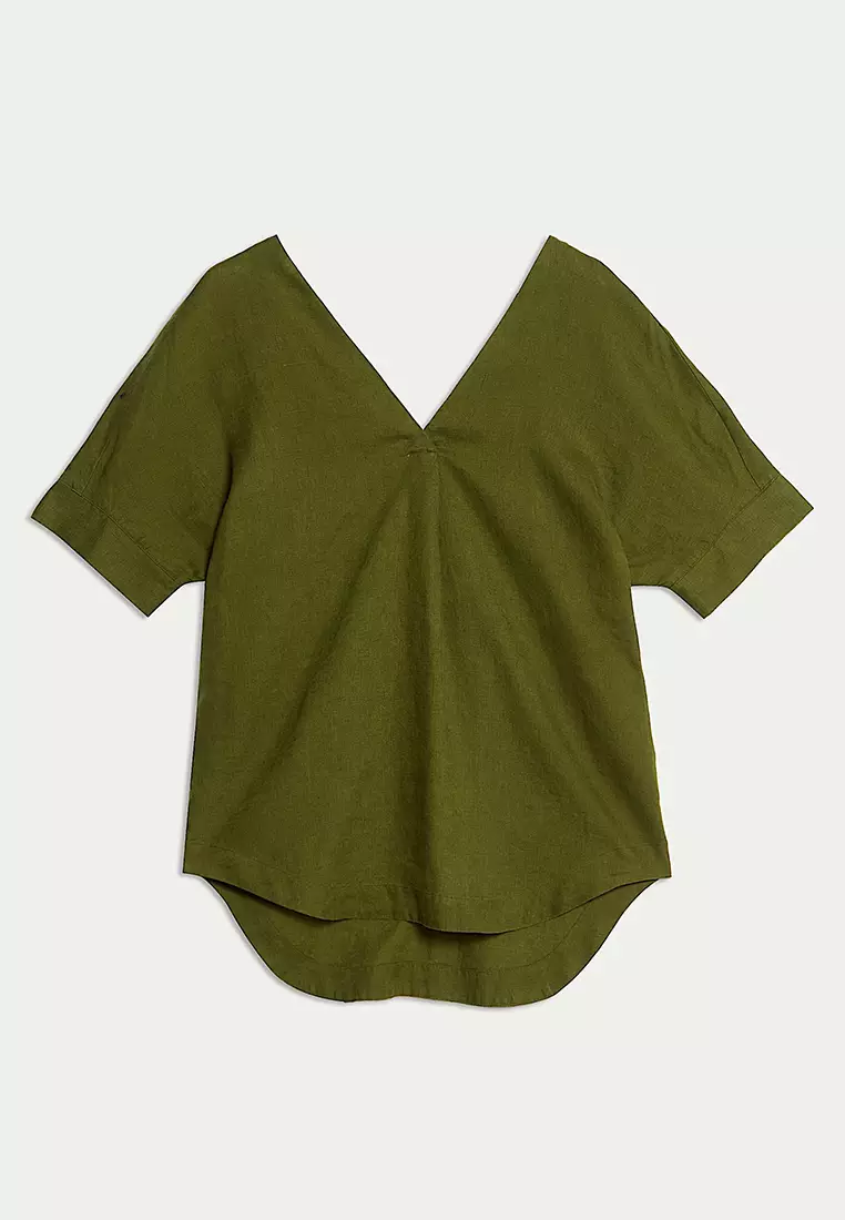 Pure Linen V-Neck Relaxed Popover Blouse