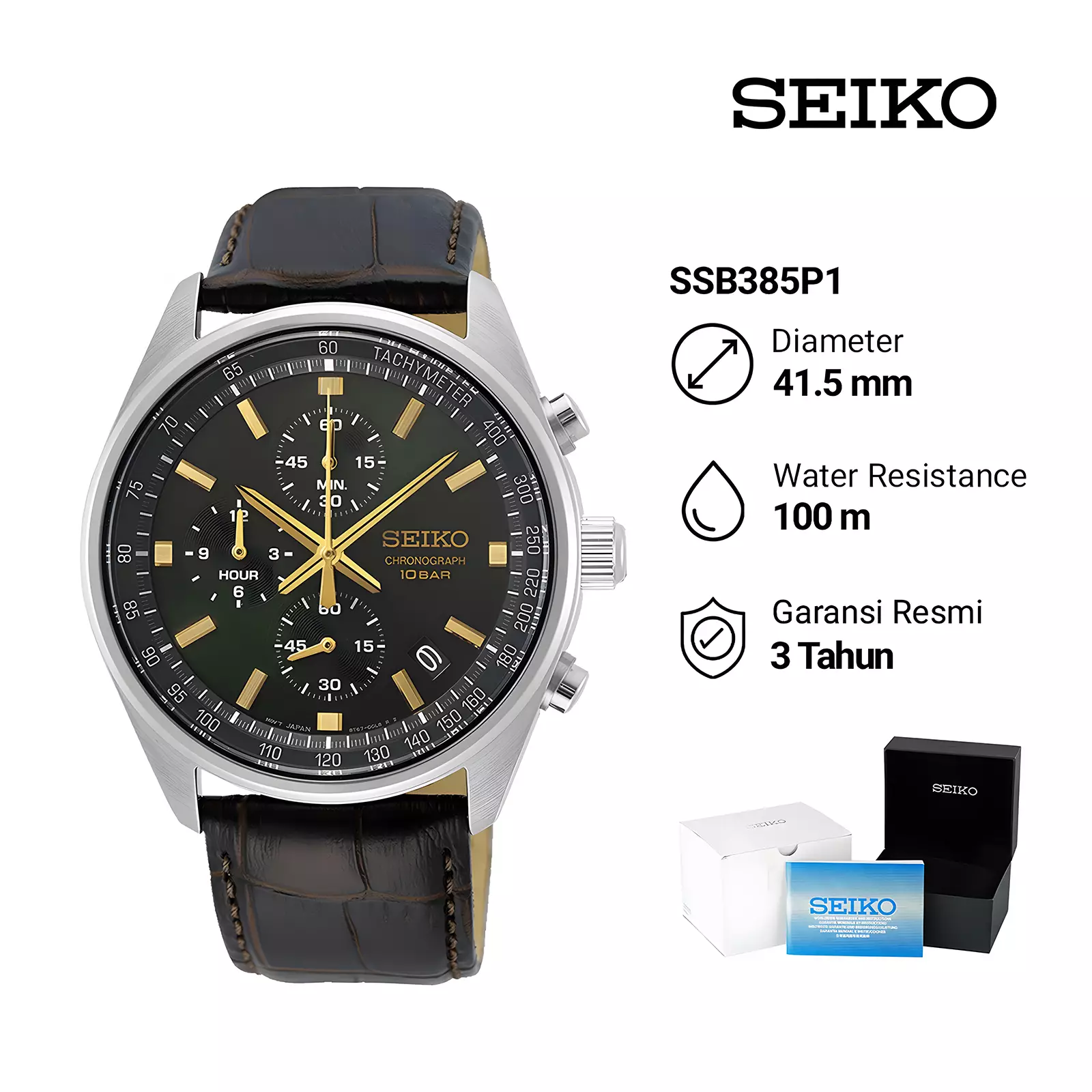 Seiko Chronograph - Jam Tangan Analog Pria - Green Dial Brown Leather Strap - SSB385P1