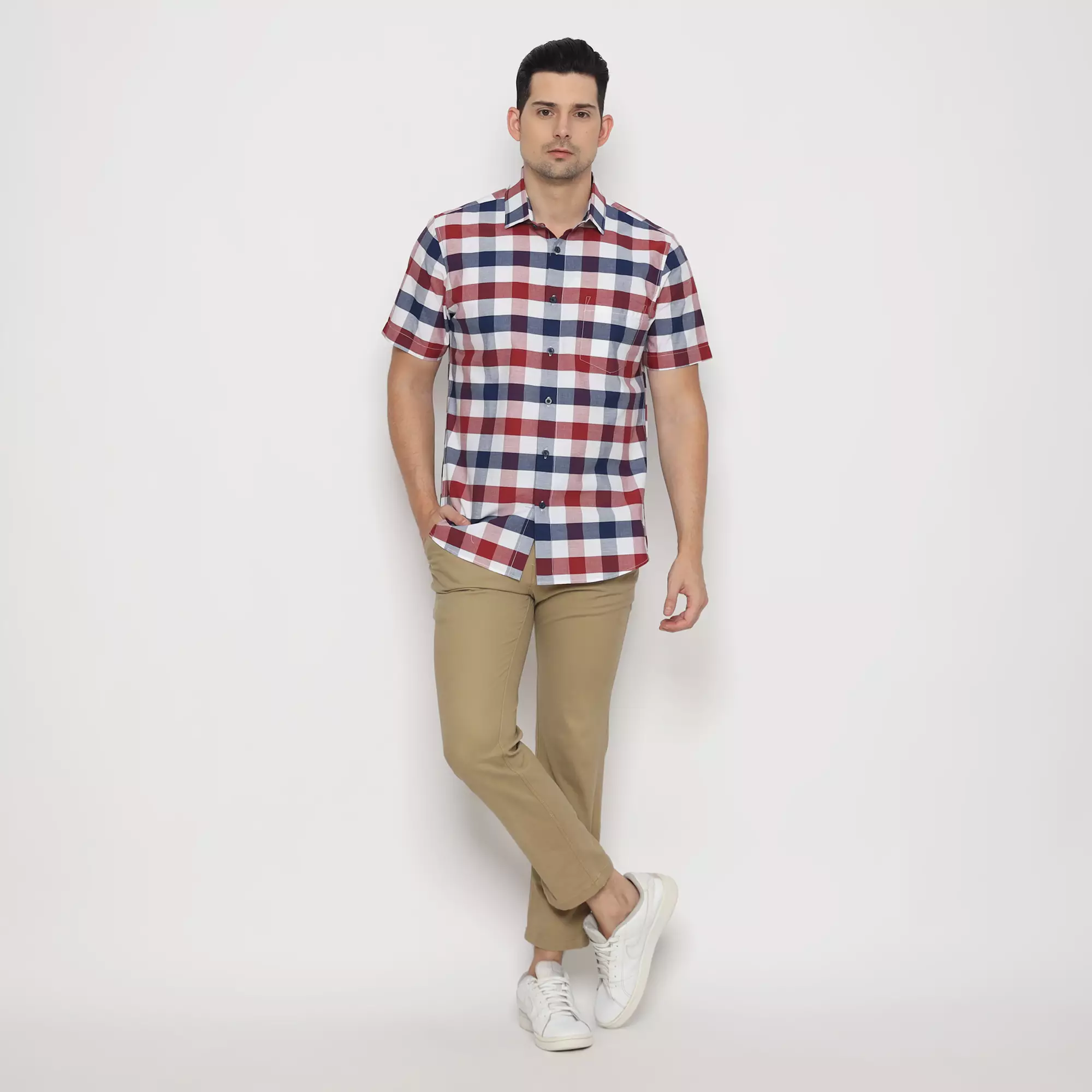 Platini Kemeja Motif Kotak Pria Lengan Pendek Katun Navy 73445