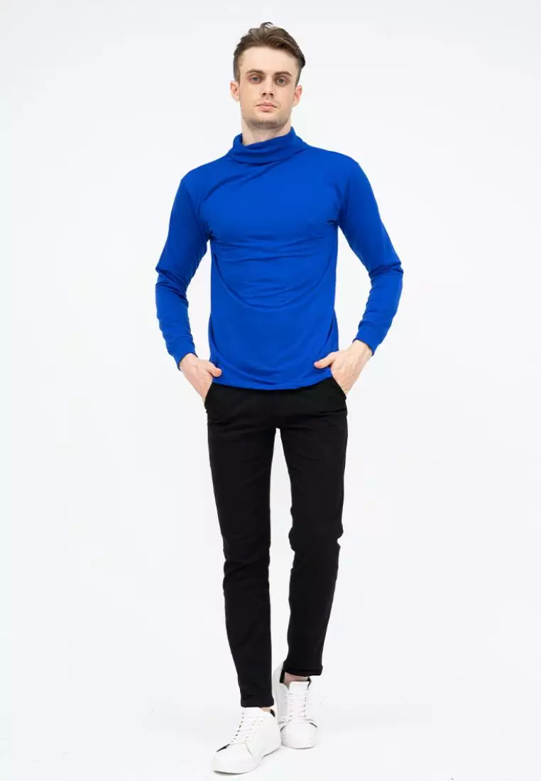 Turtle Neck pria lengan panjang biru kaos kerah tinggi slim fit houseofcuff