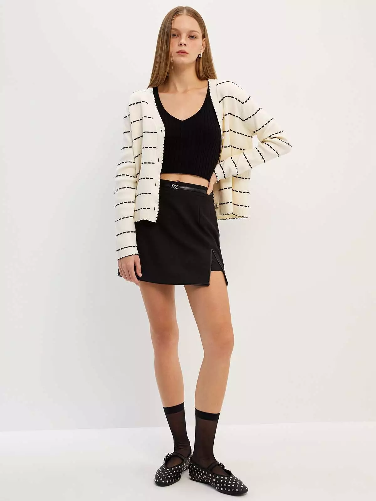 Contrast Stitched Stripe Cardigan - Cream