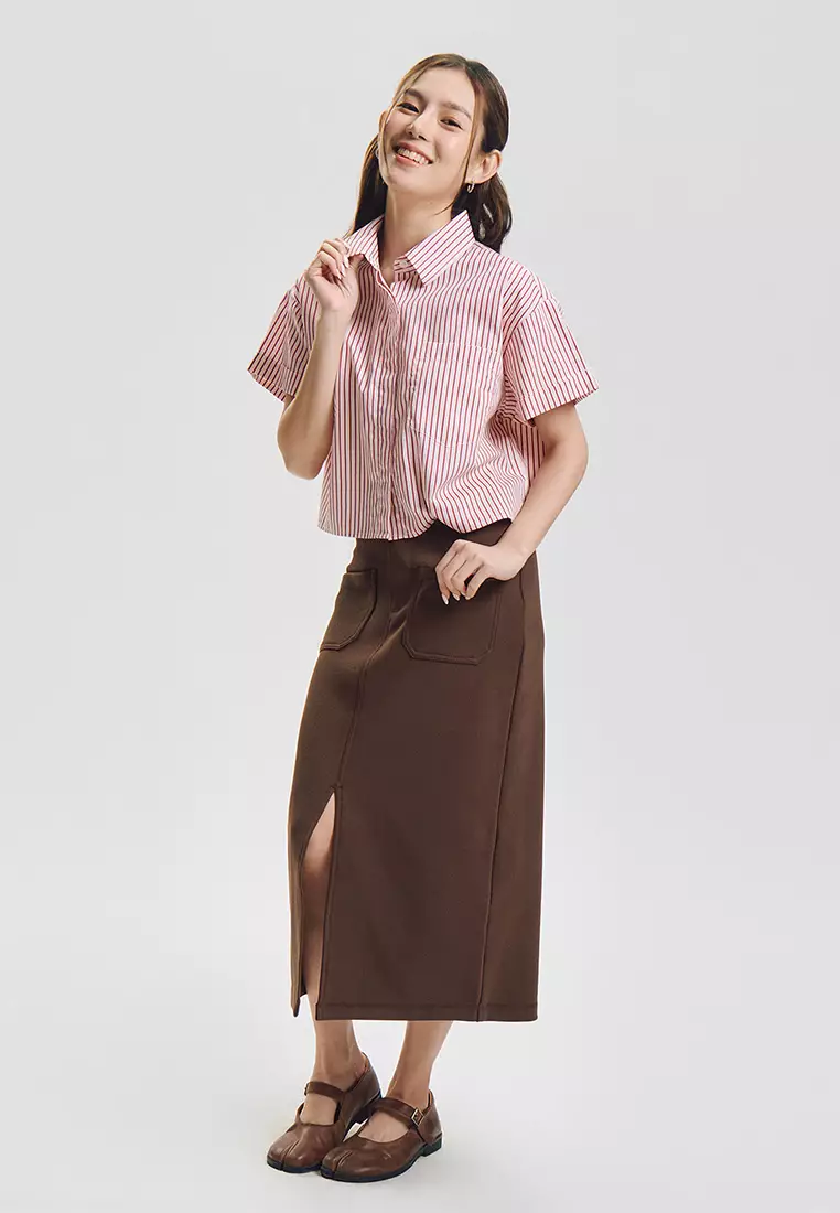 Stripes Cropped Short Sleeves Button Down Top