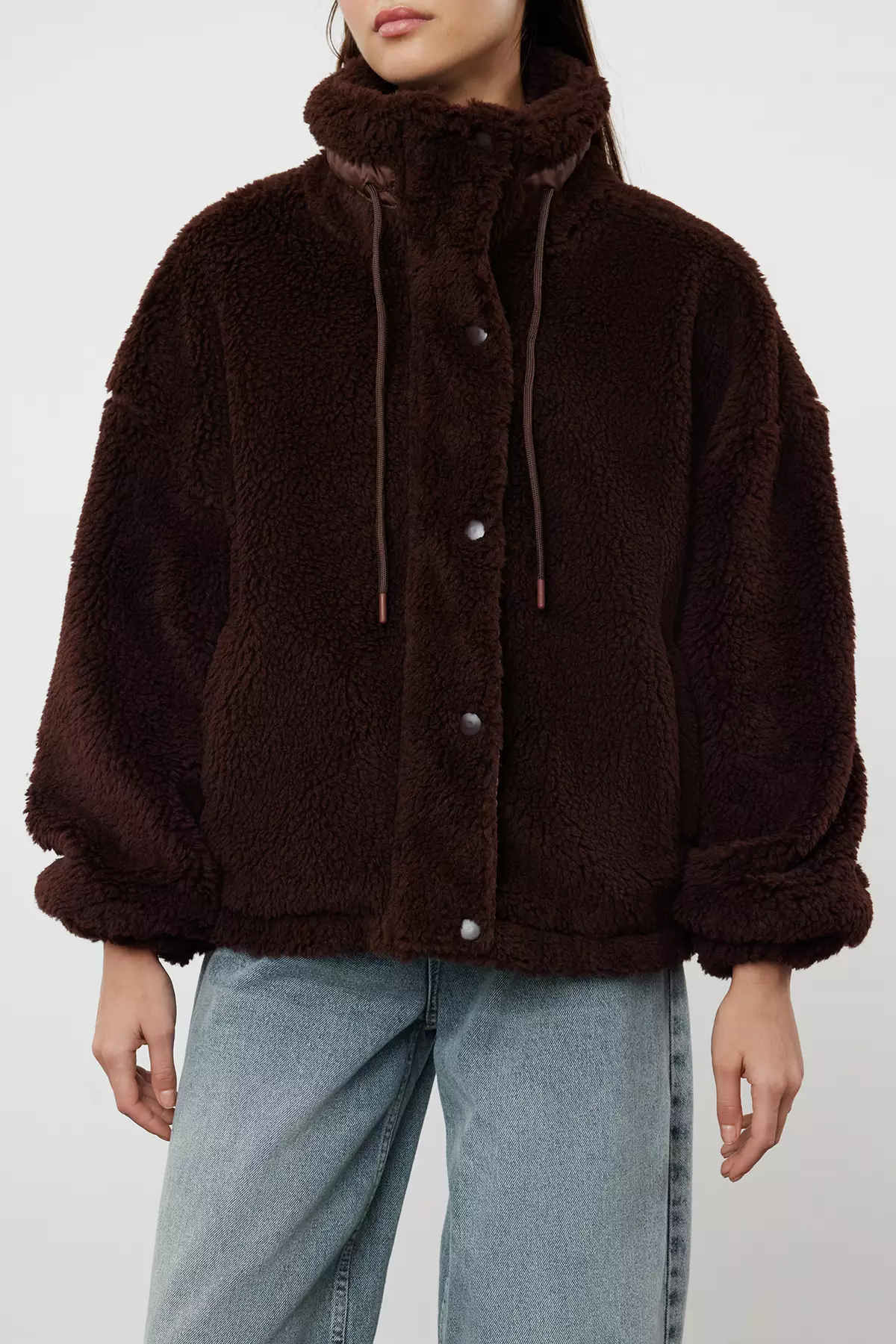 Brown Oversize Molded Zippered Plush Jacket Coat TWOAW21MO0132