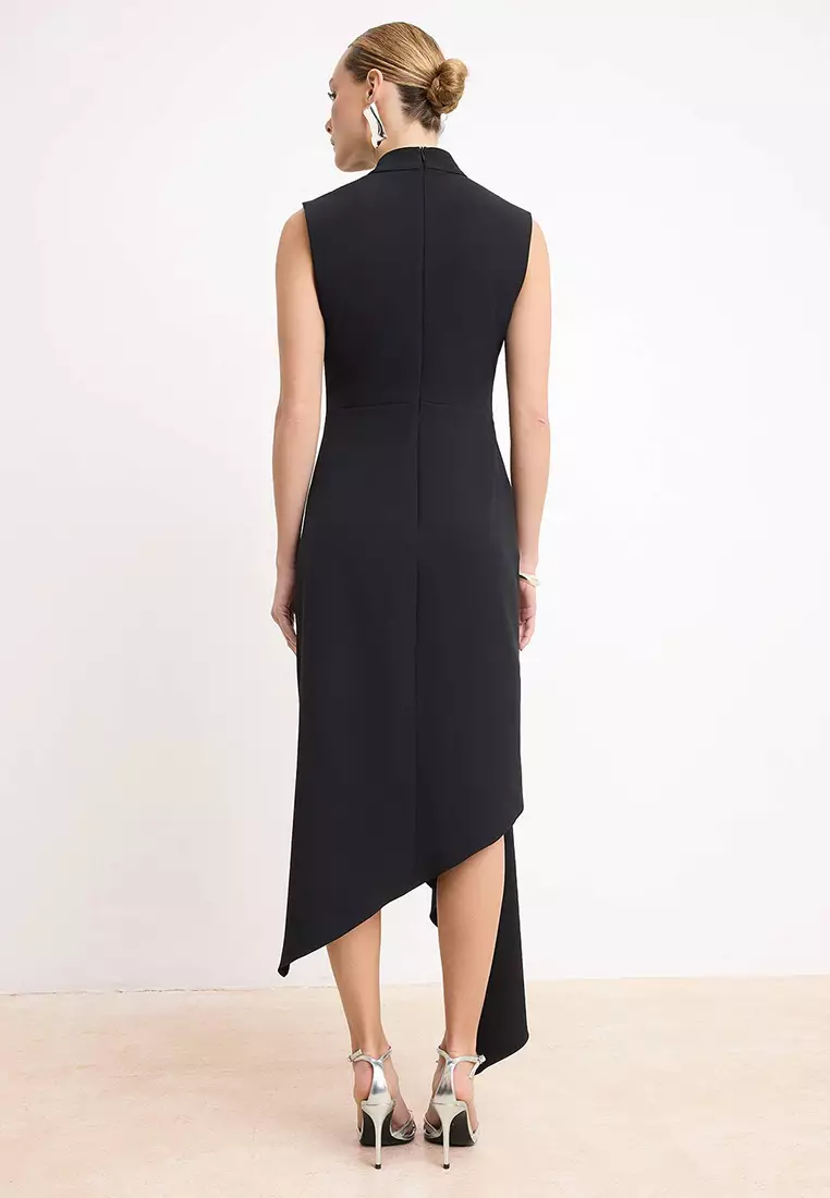 Black Accessory Detailed Woven Midi Dress Tprss26El66