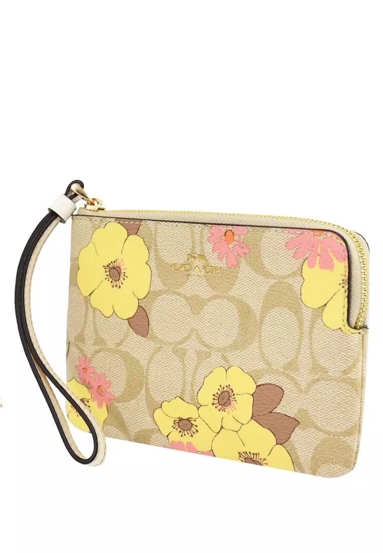 Coach Corner Zip Wristlet In Signature Canvas With Floral Cluster Print Light Brown Multi