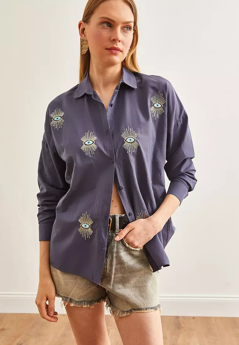 Eye Sequin Detailed Woven Boyfriend Shirt