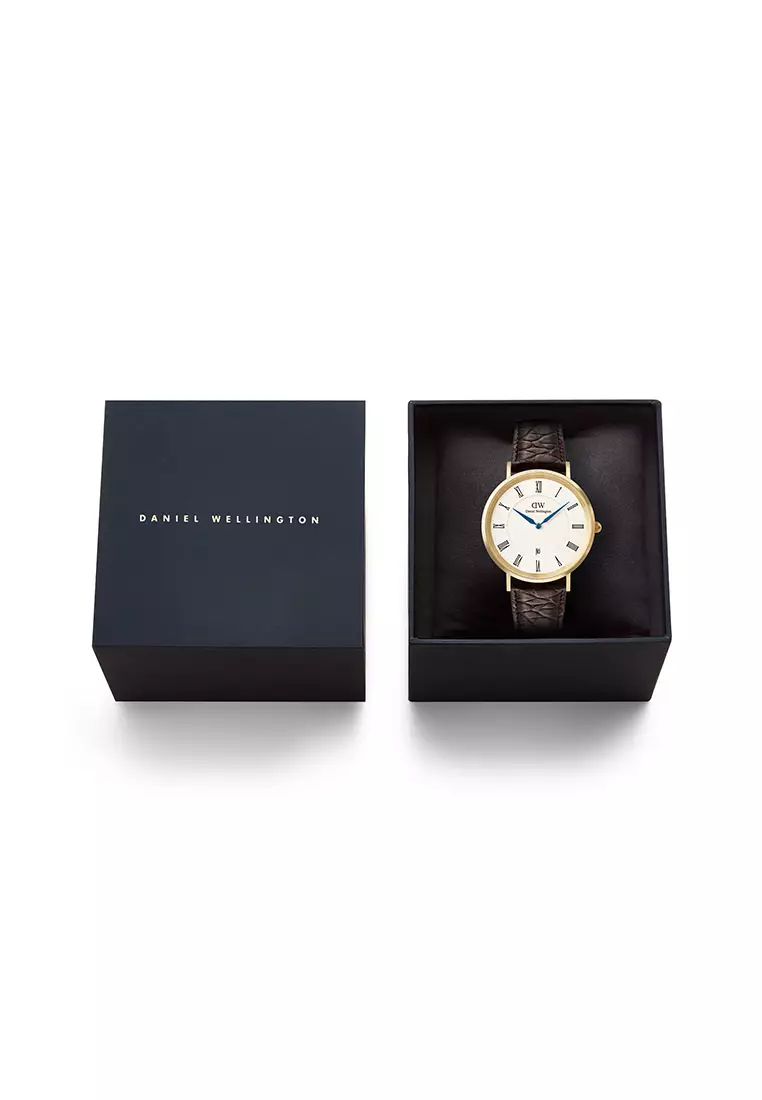 Classic 40mm Roman Numerals Date Dark Brown Croc Belly Gold - Men Watch stainless steel Leather strap watch DW Official Authentic Original