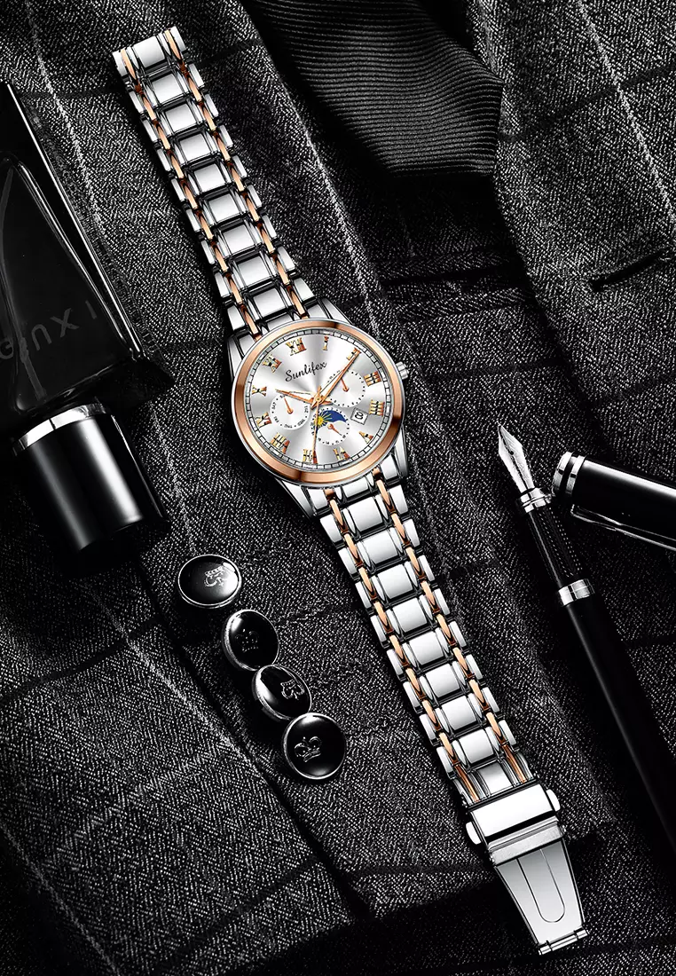 Jam Tangan Pria Tali Stainless Steel Anti Air Kuarsa Santai Mode Jam Tangan Cowok rose white