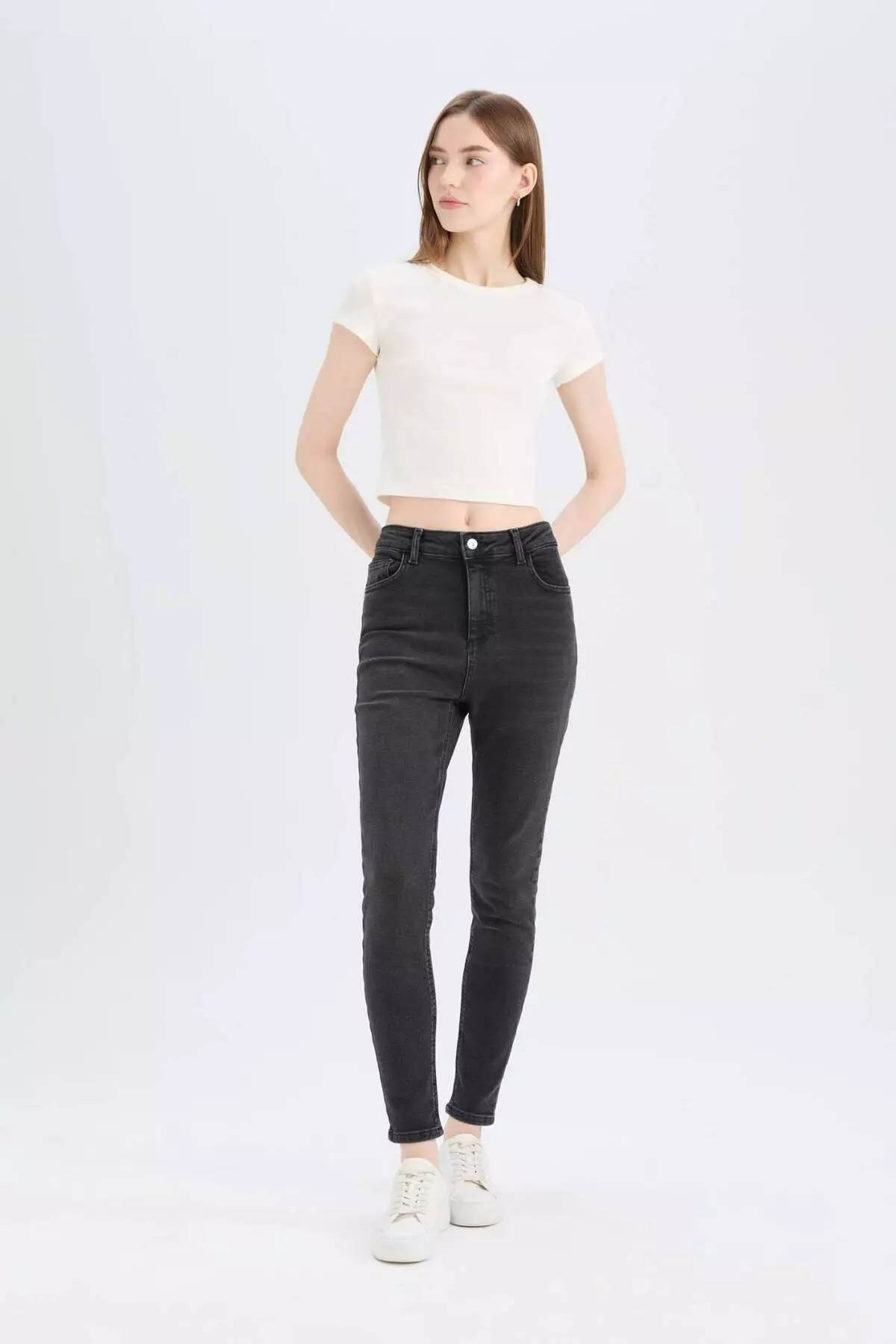 Skinny Fit High Waist Straight Leg Long Jean Snow Washed Pants D6601Ax25Sp