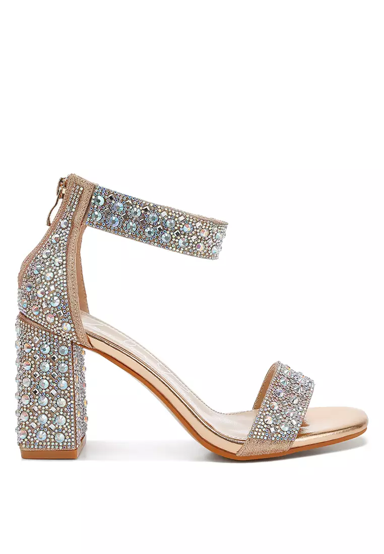 Discount on London Rag  shoes - SKU: Rhinestones And Sequins Block Sandals in Rose Gold