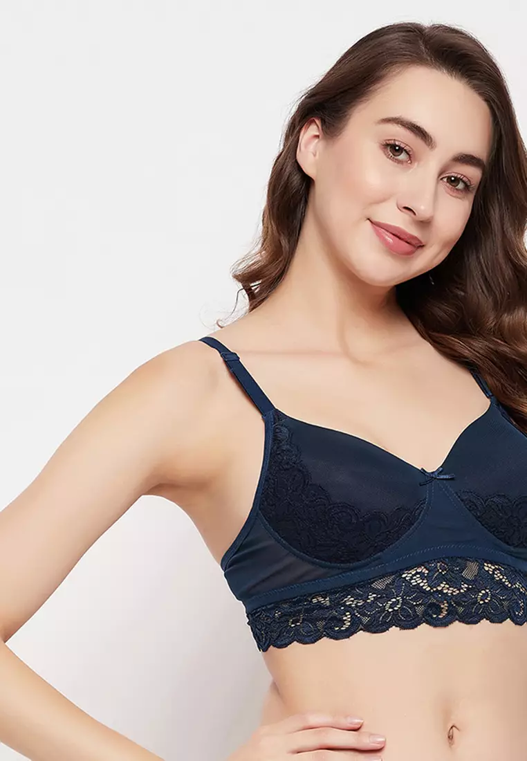 Padded Non-Wired Full Cup Bralette in Dark Blue - Lace