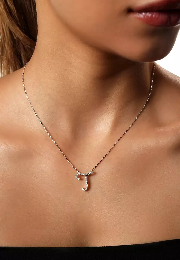 Pavé Lab Grown Diamond 'T' Initial Pendant in White Gold D/E-VVS/VS (0.19ct TDW) with chain