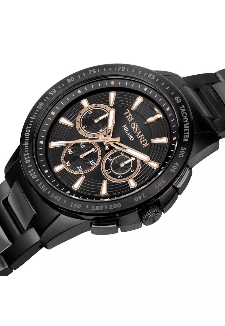 【2 Years Warranty】Trussardi T-Hawk 44mm Black Dial Men's Multifunction Quartz Watch R2453153002