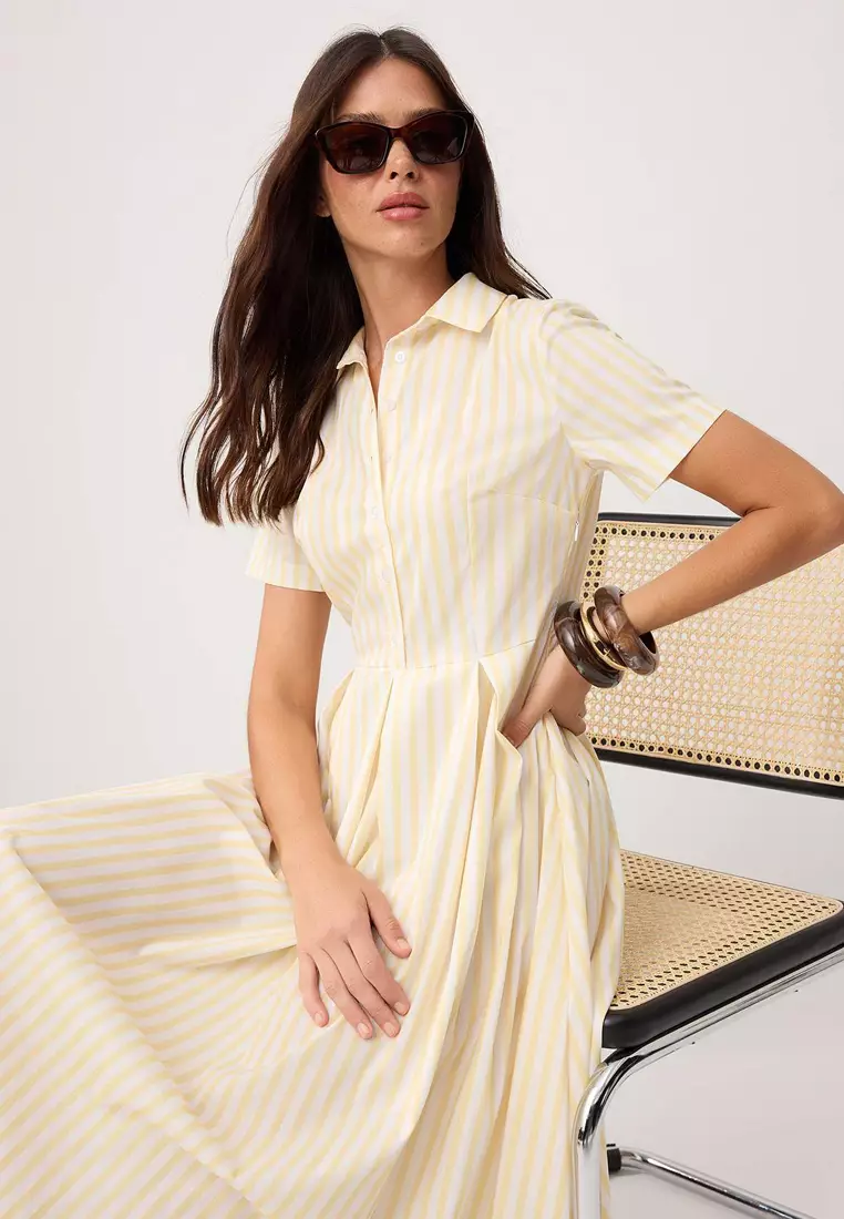 Yellow Striped Skirt Waist Opening Buttoned Midi Woven Dress Twoss25El187