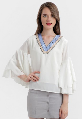 MKY Bellamy Bell Sleeve Patched Blouse in White