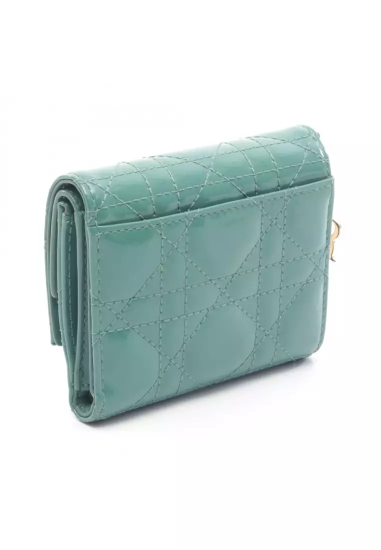 Pre-Loved Christian Dior LADY DIOR lotus wallet trifold wallet Patent leather Emerald green