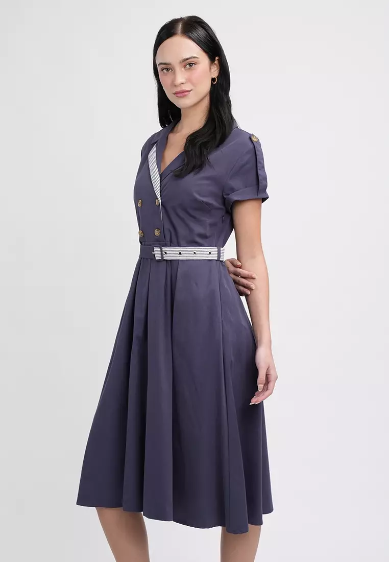 Maxine Button-Down Belted Midi A-Line Dress