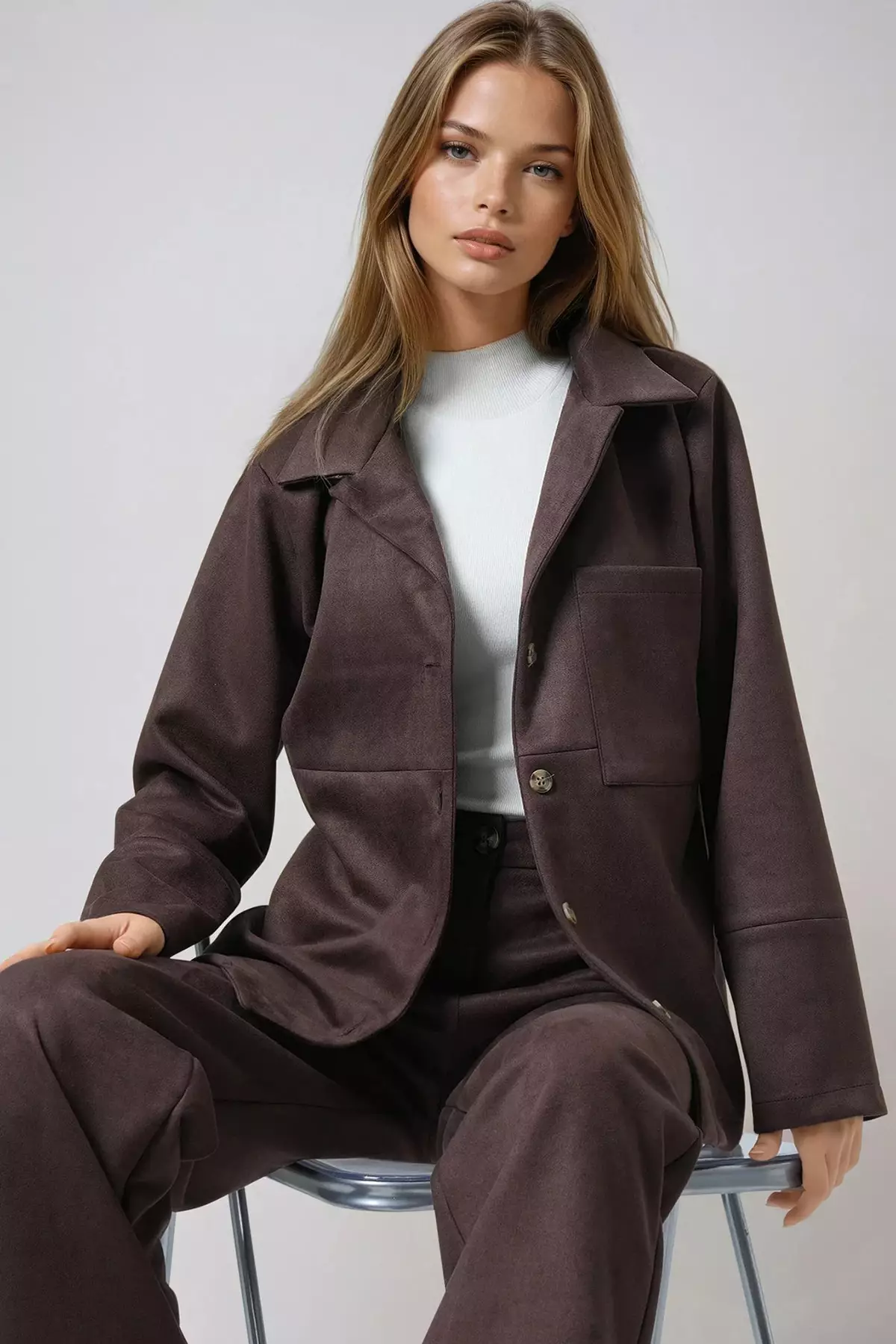 Bitter Brown Single Pocket Faux Suede Jacket With Stitching Detail Alc-X14404