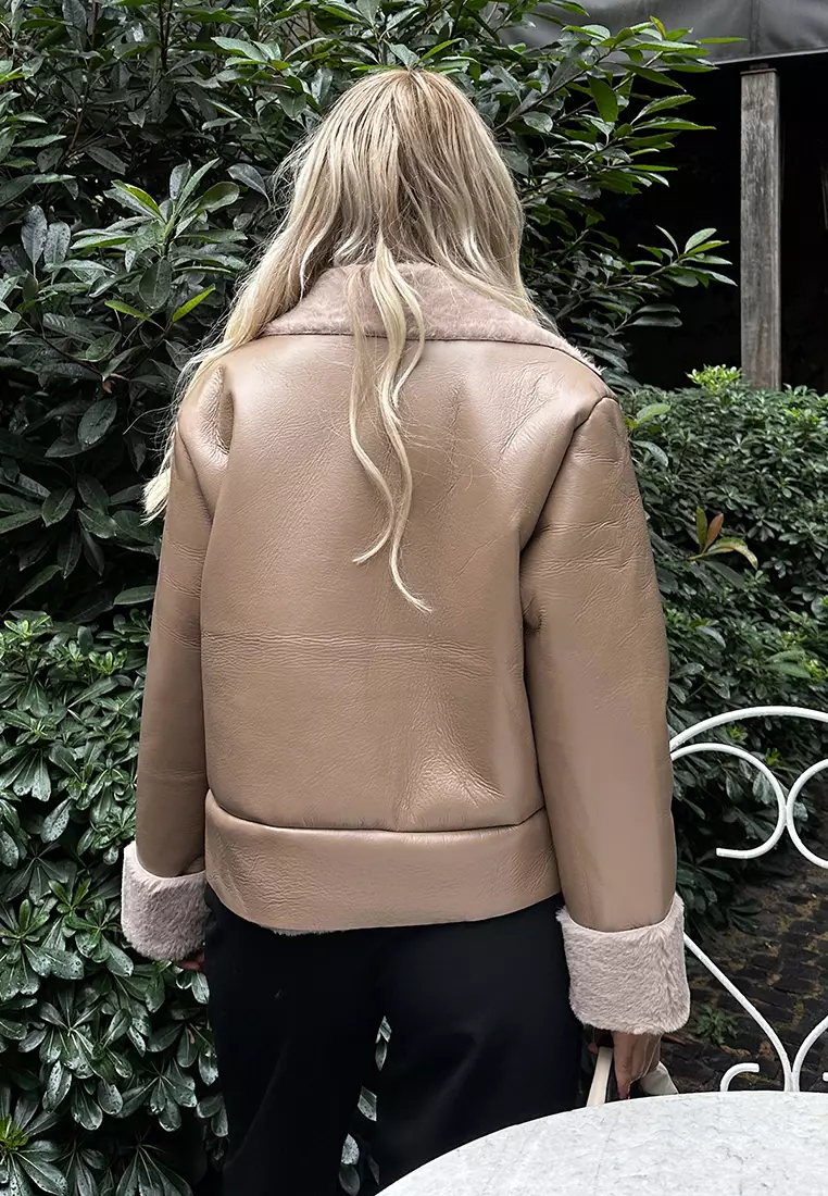 Furry Zipper Faux Leather Coat