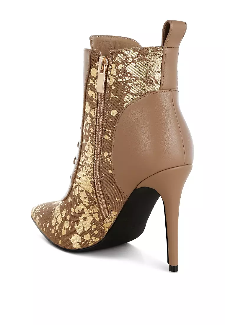 Abstract Pattern Lace-Up Ankle Boots in Brown