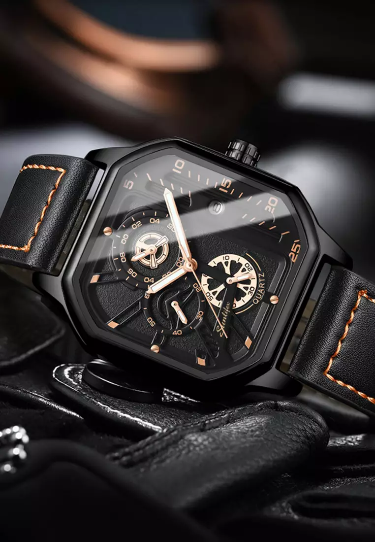 Jam Tangan Pria 9095 Kuarsa Olahraga Kasual Tali Kulit Pria Jam Tangan Cowok allblack