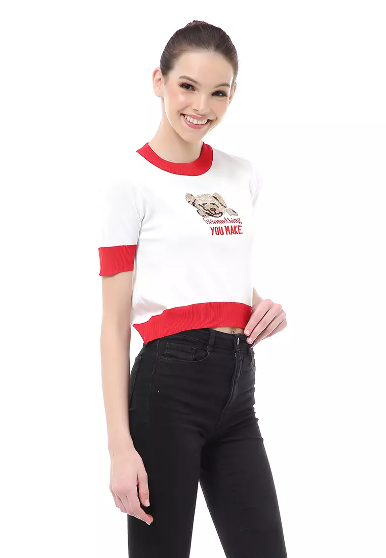 Cerise Kaos Crop Top Fashion Wanita Korean Style Short Sleeve Material Cotton ORIGINAL - White Red