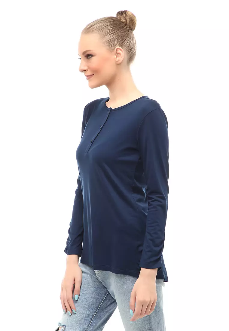 Kaos Wanita Lengan Serut Motif Solid Design Simple Relaxed Fit - Navy