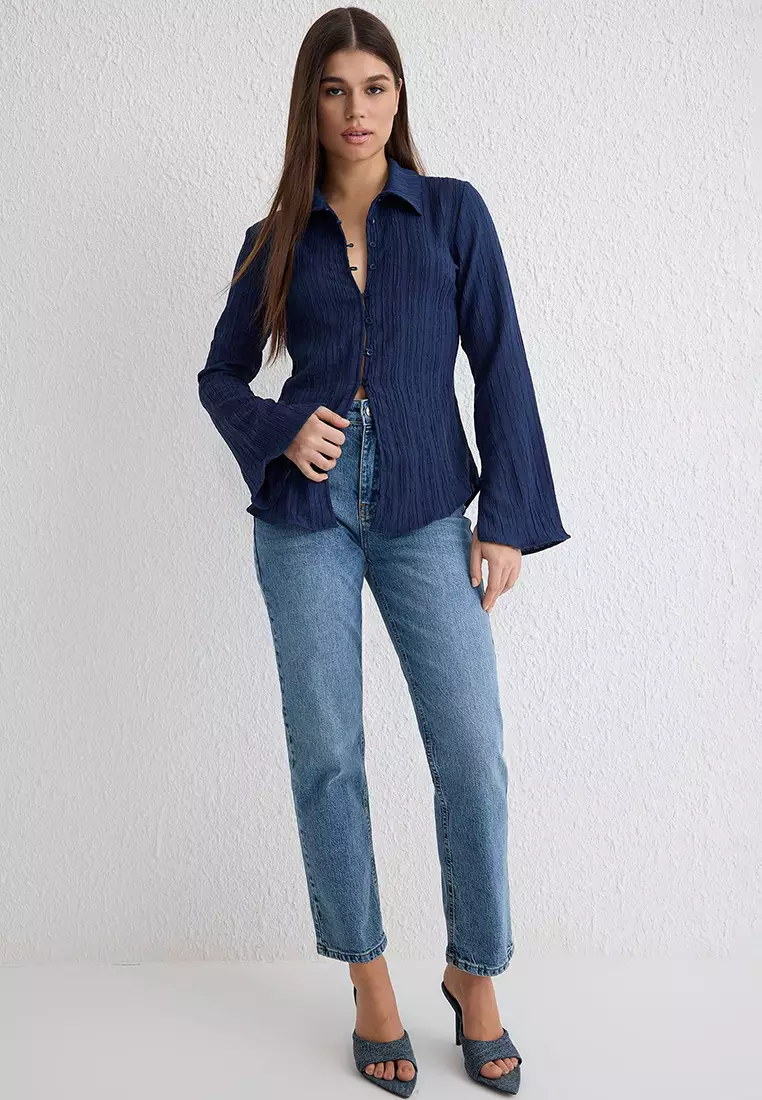 Dark Navy Textured Fitted Waist Woven Shirt TWOSS24GO00002