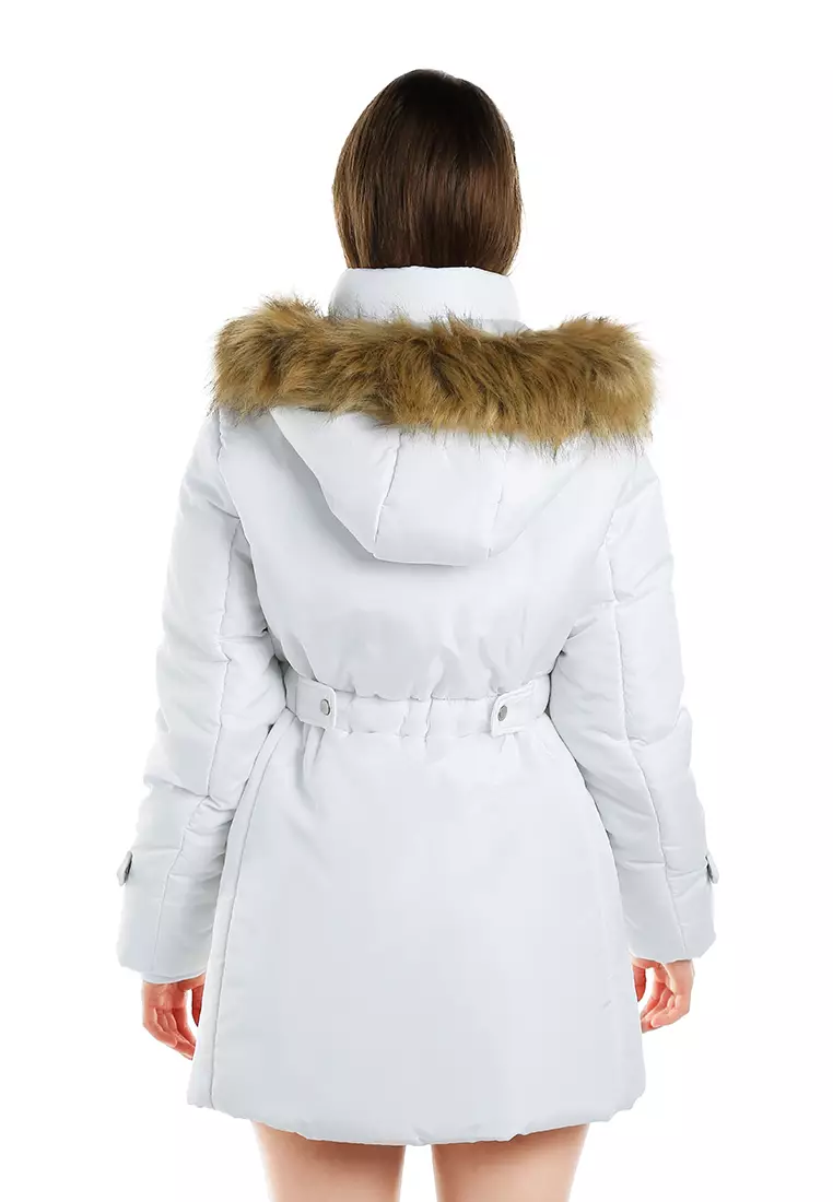 Faux Fur Collar Long Puffer Jacket in White