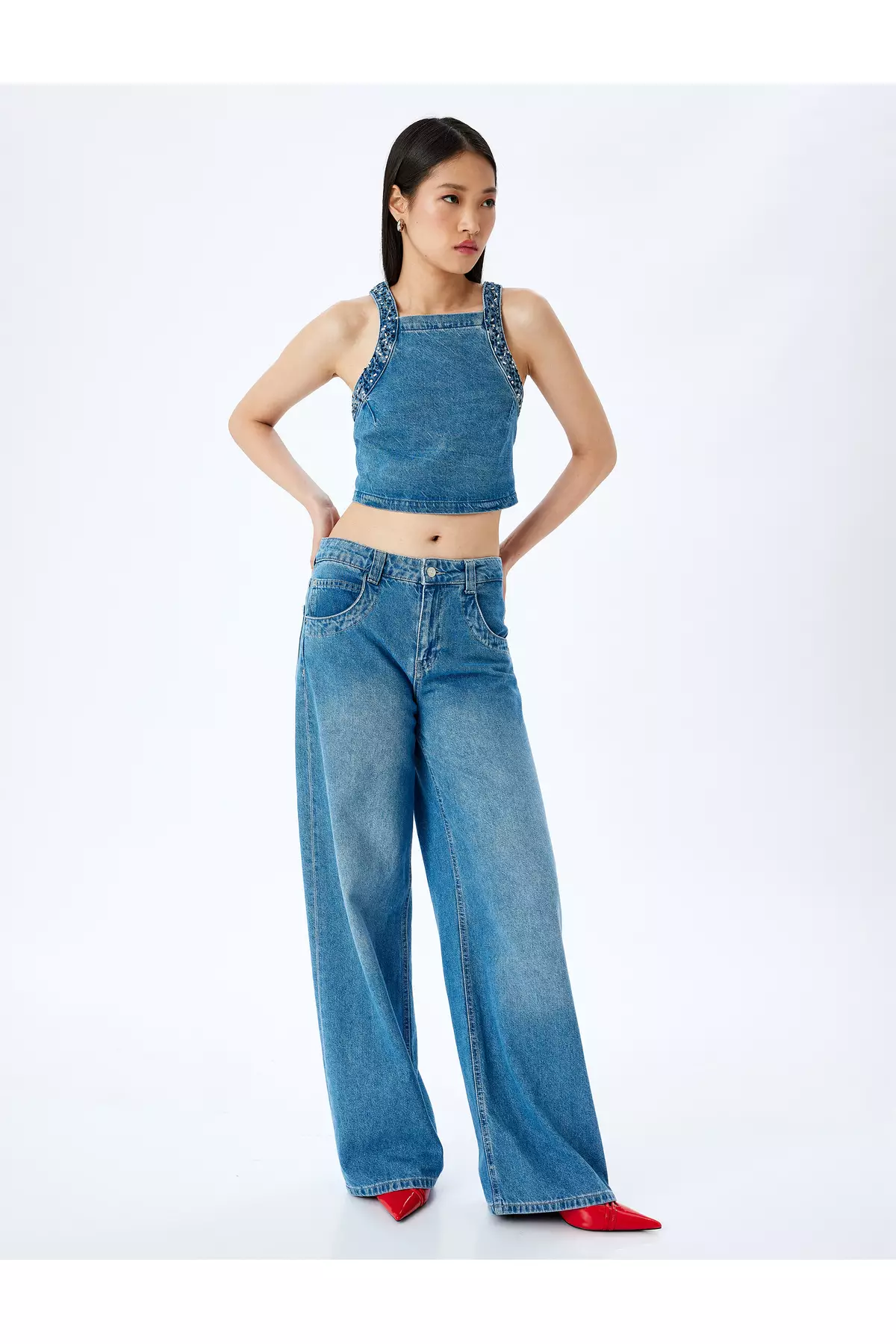 Stone Detailed Back Lace Up Crop Sleeveless Denim Blouse