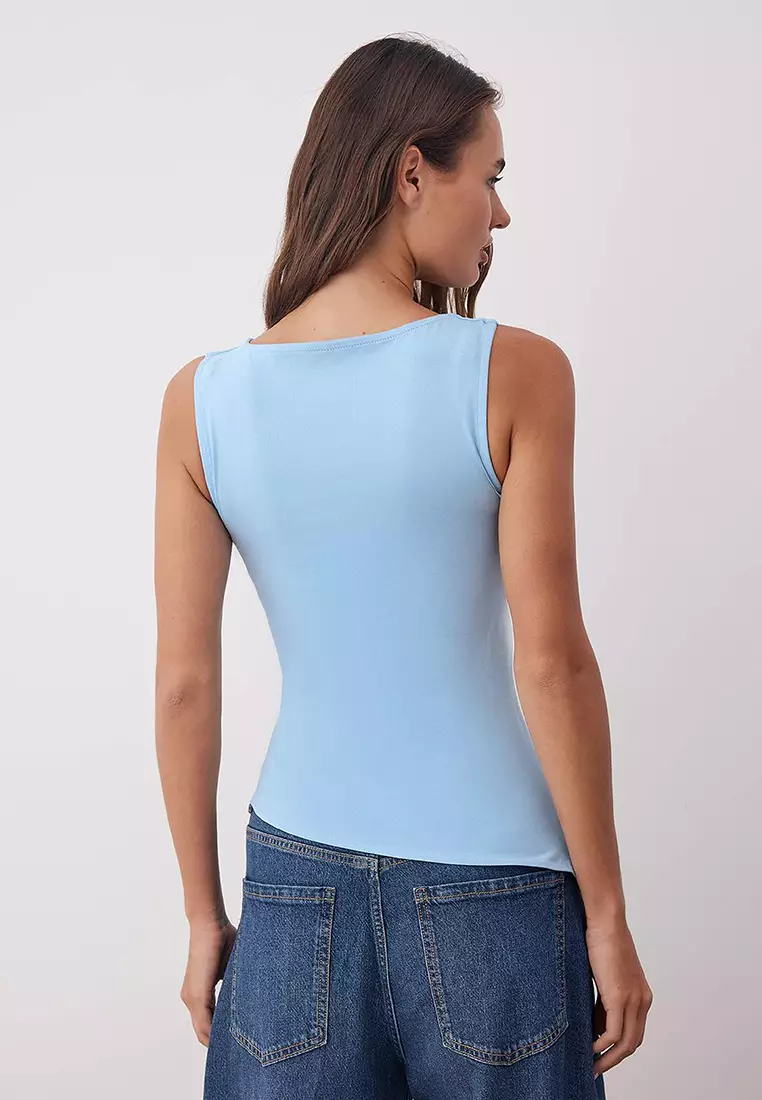Blue Asymmetrical Gathered Crew Neck Sleeveless Flexible Knitted Blouse Twoss25Bz00599